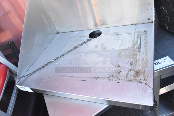 Stainless steel shelf with chain, showing signs of wear and residue. Auction tag "220" visible.