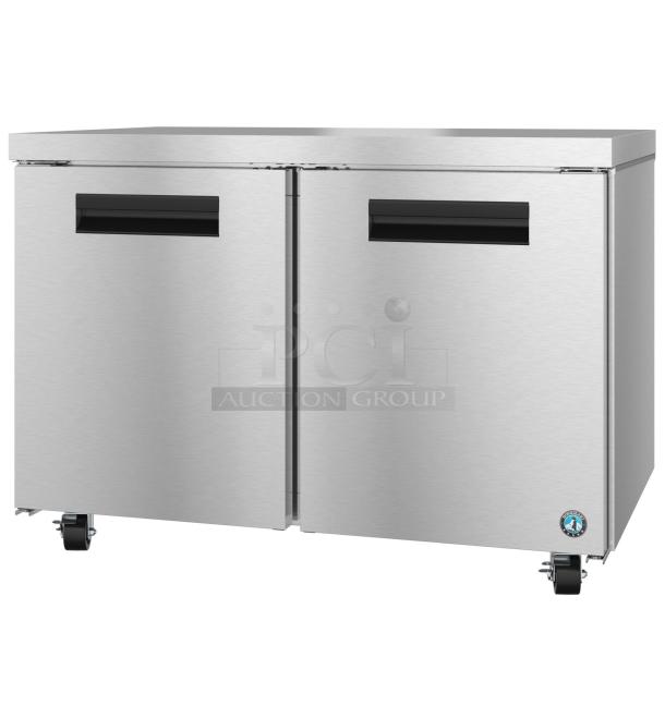 Brand new 2026 Hoshizaki UR48B commercial 2-door undercounter cooler, 115 volts, 1 phase, stainless steel, on wheels.