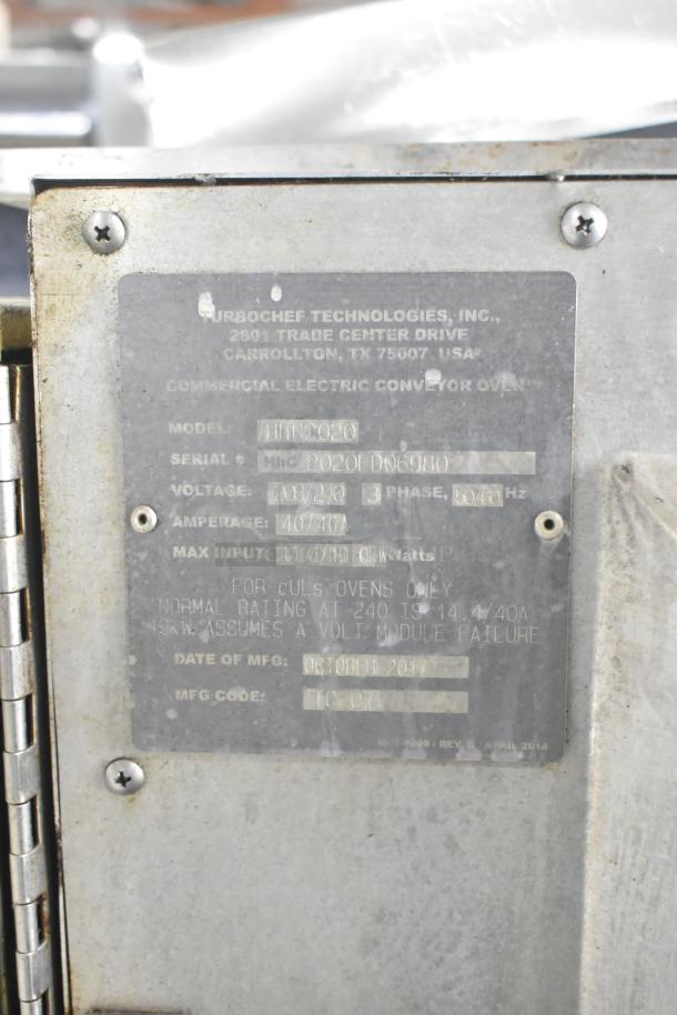 Close-up of Turbochef HhC2020 conveyor oven label, shows voltage 208/240, 3-phase, serial #2020D06980, mfg date Oct 2017.