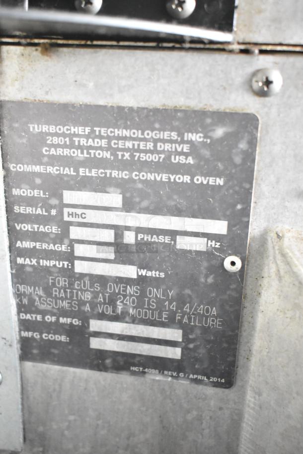 Label on Turbochef HhC2020 commercial electric conveyor oven, 208/240V, 3-phase. Identifies model, serial, voltage info.