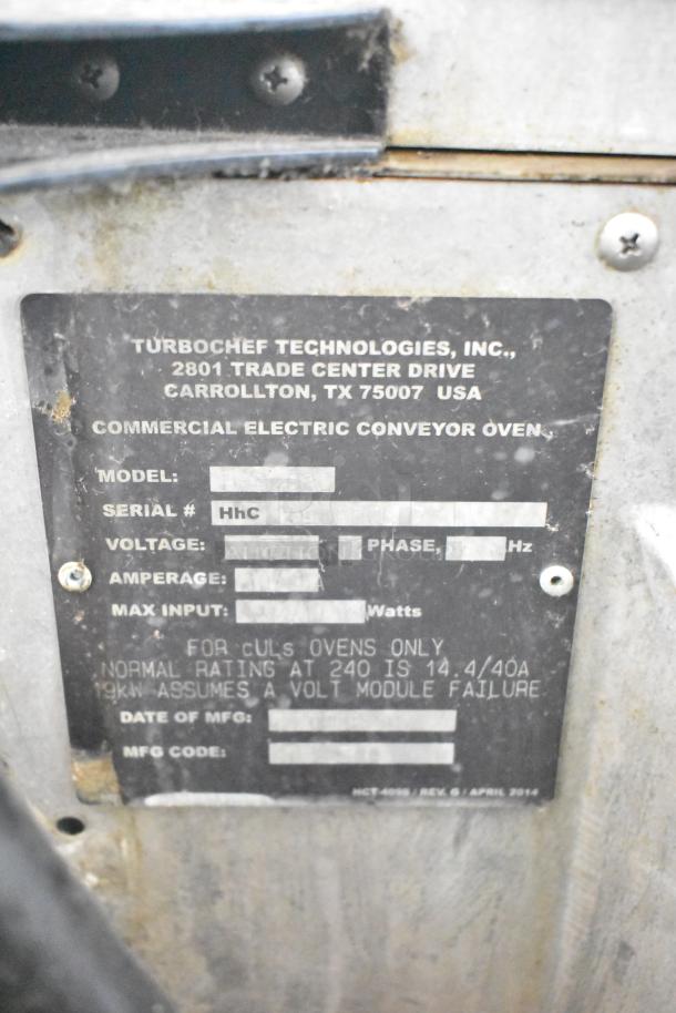 Turbochef HhC2020 commercial electric conveyor oven label, displaying model, serial info, and specs for 208/240V, 3-phase power.