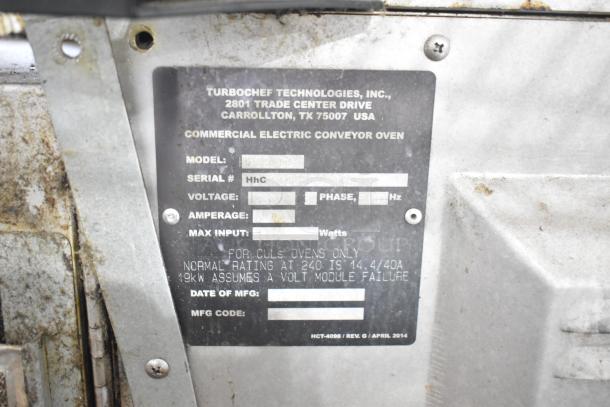 Turbochef HhC2020 commercial electric conveyor oven label, 208/240V, 3-phase, 2017 model, used condition.