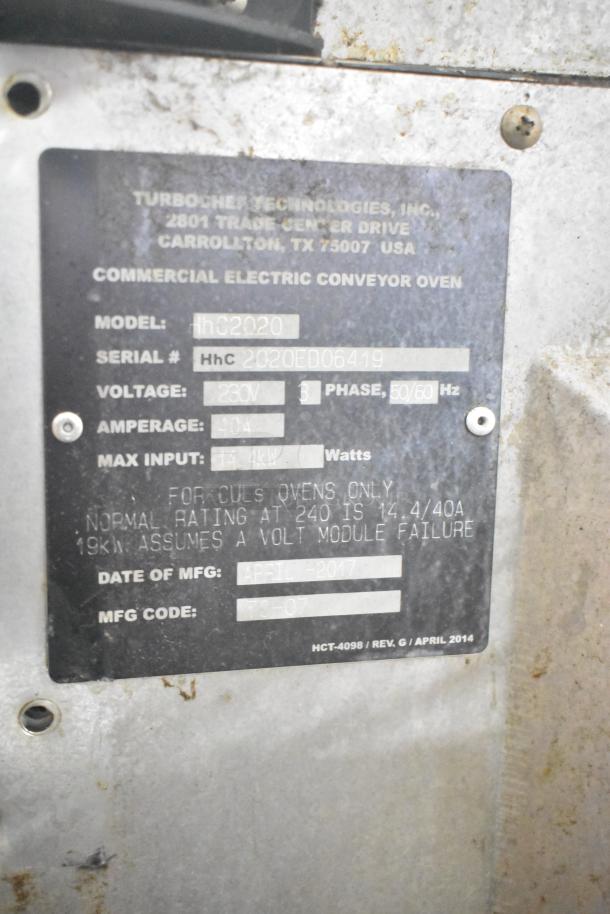 Turbochef HhC2020 conveyor oven label showing model, serial number, voltage, amperage, and manufacturing date.
