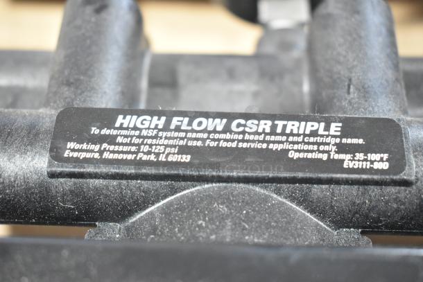 Pentair Everpure EV3111-80D water filtration system without cartridges, labeled for food service, 10-125 psi, 35-100°F.