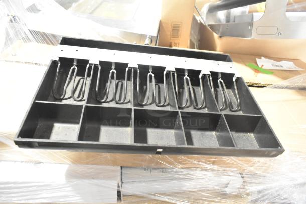 Lot of 3 black poly cash register inserts with compartment dividers and metal bill clips, good condition.