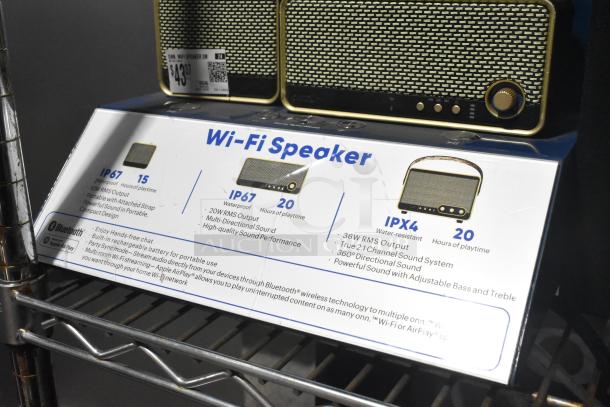 Wi-Fi speakers with retro design, IP67 rating, 20W output, 15 hours playtime, flexible strap, Bluetooth compatibility.