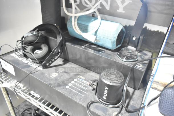 Sony display with headphones and speakers; includes Onn speaker. Features include wired headset and compact design.