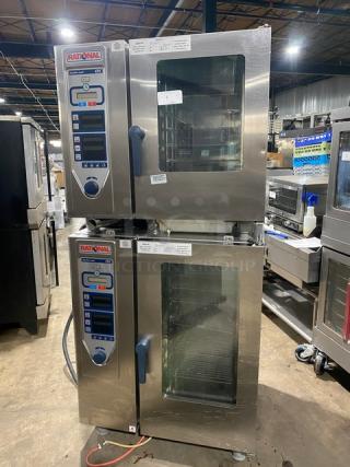 Rational ClimaPlus Series double-stacked combi steamer oven, stainless steel, models CPC61/CPC101. Includes built-in pan rack, 208-240V, 3 phase, on legs.