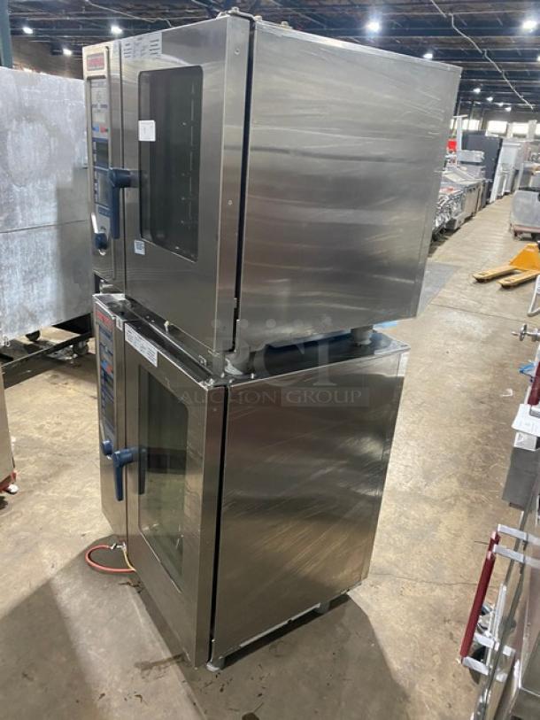 Rational ClimaPlus CPC61/CPC101 double stacked combi steamer oven, stainless steel, electric, with built-in pan rack.