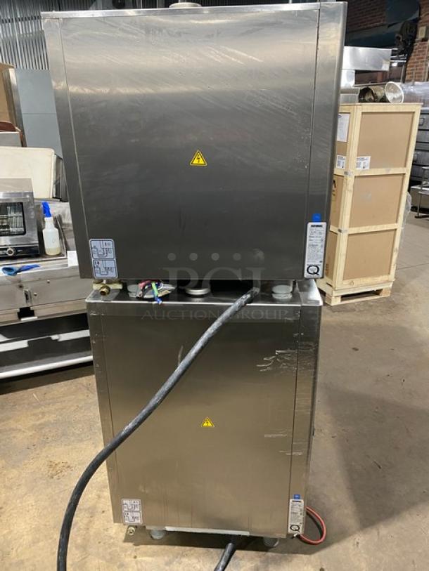 Rational ClimaPlus CPC61/CPC101 double stacked stainless steel combi steamer oven, electric, built-in pan rack, on legs.