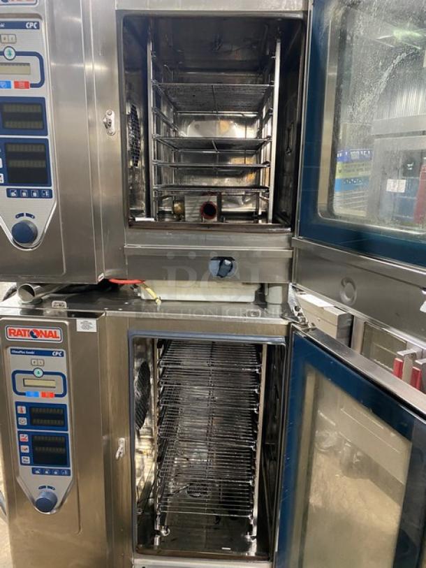 Rational ClimaPlus Series stainless steel electric combi steamer oven, model CPC61/CPC101, with built-in pan rack, on legs.