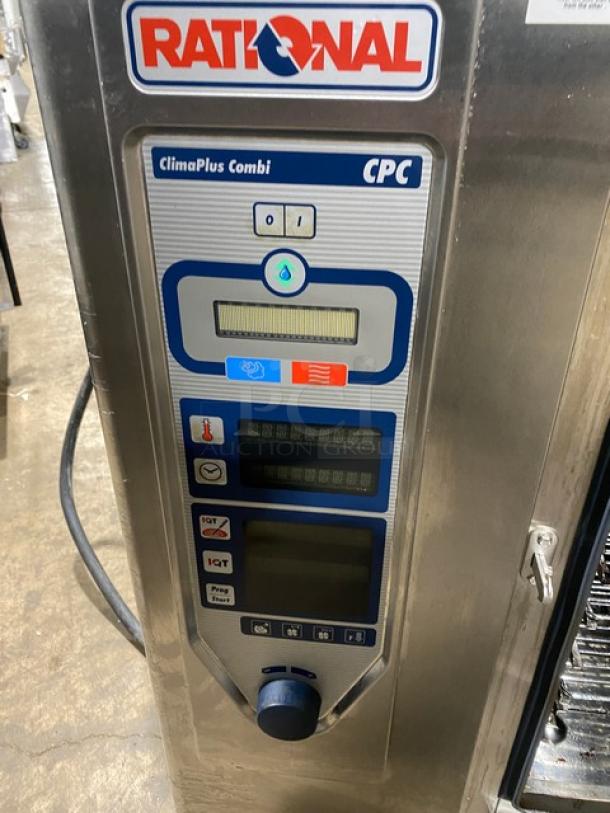 Rational ClimaPlus CPC61/CPC101 stainless steel combi steamer oven with control panel, built-in pan rack, electric, 208-240V, 3-phase.