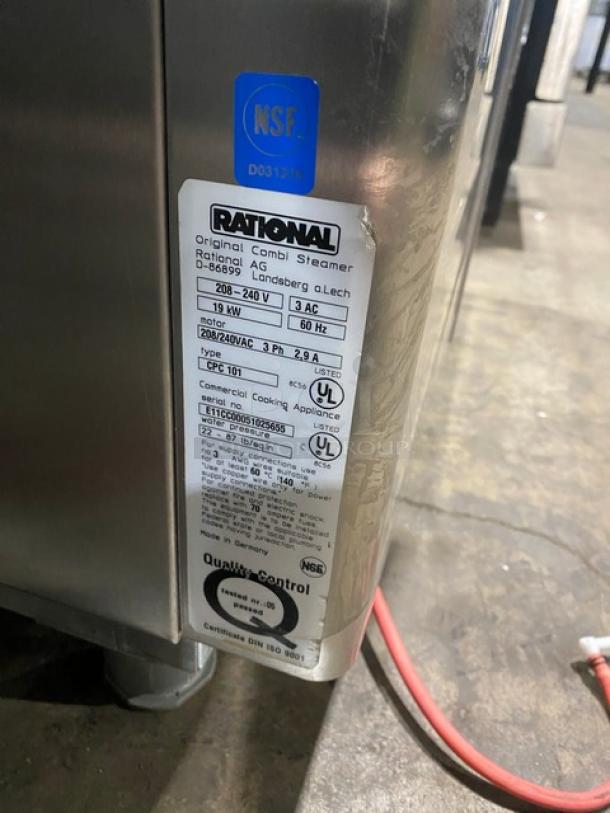 Rational ClimaPlus CPC61/CPC101 stainless steel electric combi steamer oven. Double stacked, with built-in pan rack, 208-240V, 3 phase.