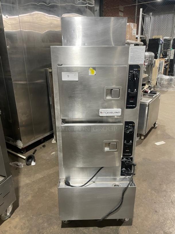 Cleveland Range Model 24CGA6.2S dual compartment stainless steel convection steamer, natural gas, SureCook controls, pan racks.