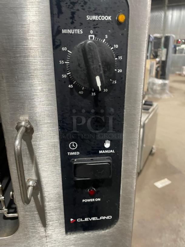 Cleveland Range 24CGA62S commercial stainless steel dual compartment convection steamer with SureCook controls and pan racks.