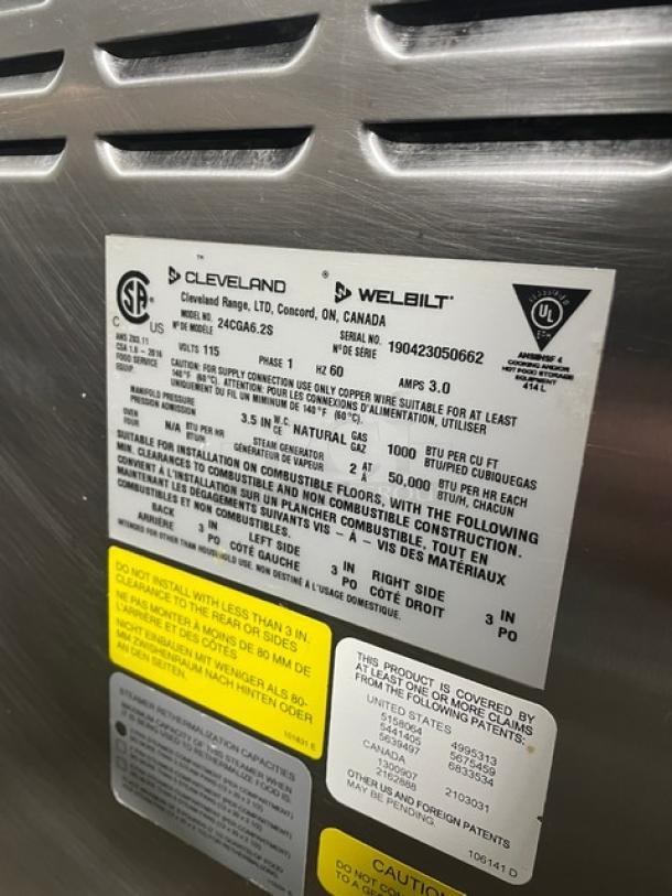 Cleveland Range 24CGA62S commercial stainless steel dual compartment convection steamer. Visible markings include model and safety labels.