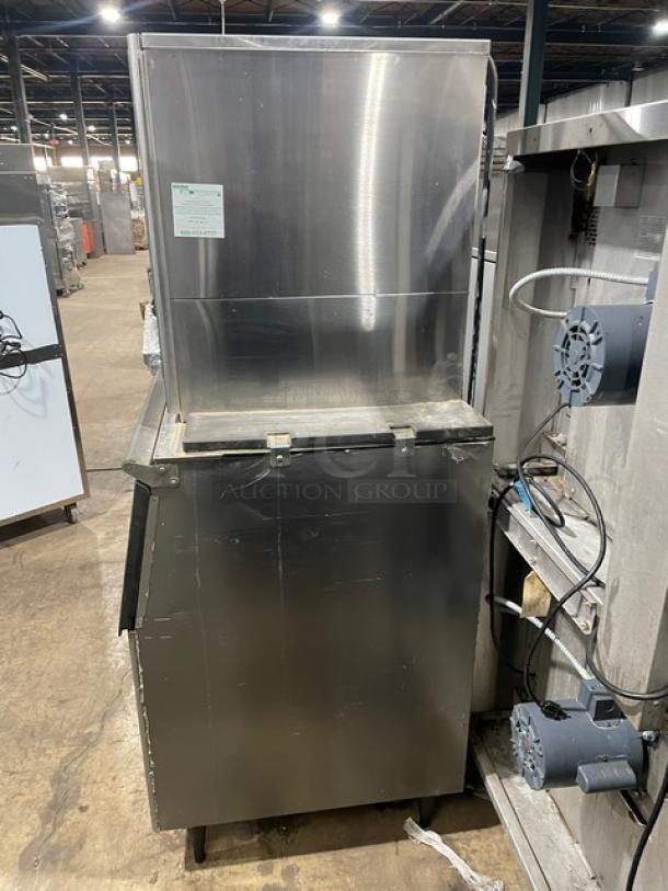 Hoshizaki KM-515MAH stainless steel ice maker, air-cooled, electric, on legs. Operational labels visible. 115-120V, 1 phase.