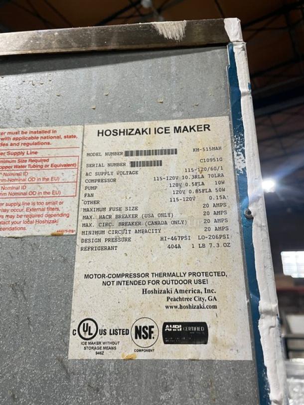 Hoshizaki KM-515MAH ice maker label, SN: C10951G, detailing voltage, phase, refrigerant, UL listed, NSF certified.