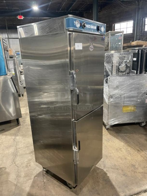 Alto-Shaam Halo Heat 1200-UP/SR stainless steel dual-compartment cabinet with Dutch doors, chrome rack, working condition.