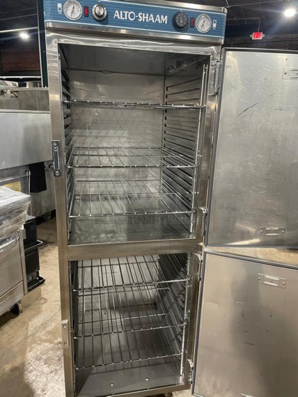 Alto-Shaam Halo Heat 1200-UP/SR stainless steel dual-compartment heated holding cabinet, Dutch doors, chrome racks, on casters.