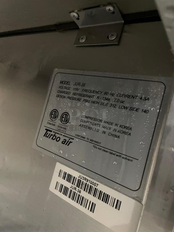 Turbo Air J Series 1-Door Undercounter Refrigerator, Model JUR-36, SN JU3R910007, 115V, on casters, stainless steel.