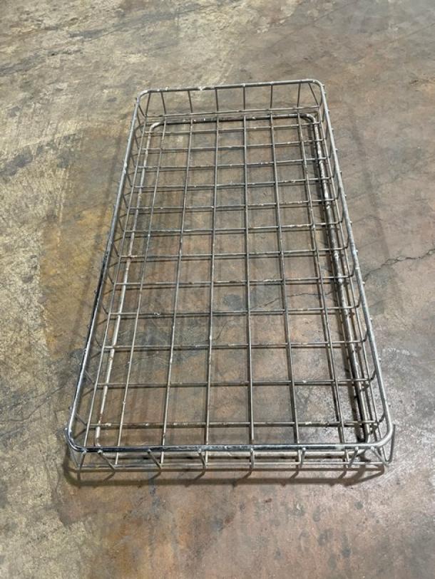 Chrome-plated steel stackable wired food storage basket, rectangular, open-air style, good condition.