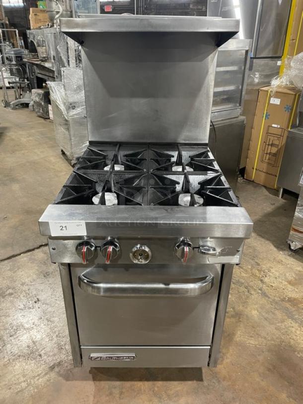 Southbend S241E commercial 4-burner stainless steel range/oven combo with salamander shelf, backsplash, and wired rack, on casters.