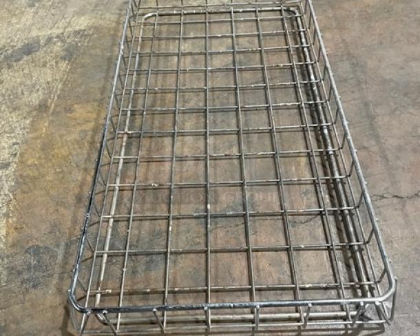 Commercial chrome-plated steel stackable rectangular wired food storage basket/tray, open-air style, good condition.