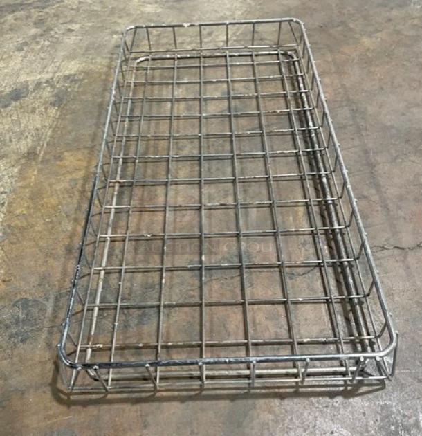 Commercial chrome-plated steel rectangular wired food storage basket, stackable, open-air design, excellent condition.