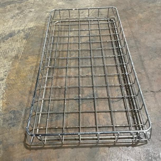 Commercial chrome-plated steel stackable rectangular wired food storage basket, open-air style; good condition.