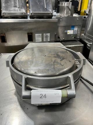 Caliente Industries A1 stainless steel electric tortilla press, commercial countertop model, visible wear, 115-125/208-240V.
