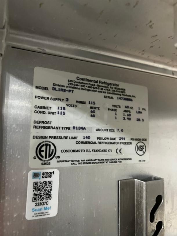 Continental Refrigerator Model DL1RE-PT label, SN 14738886, 115V, 1 Phase, ETL and NSF certified, R134A refrigerant.