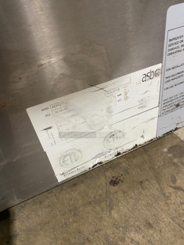 Asber AEPO Series stainless steel countertop pizza deck oven, 220-240V. Features visible product labels and markings.