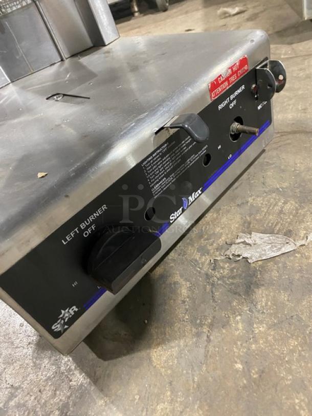 Star Max Series VBG30 stainless steel gyro broiler, natural gas, 120V, 1 phase, on legs, visible burner controls, good condition.