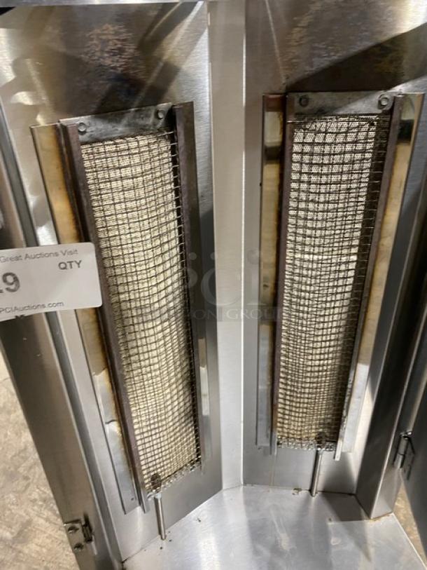 Star Max Series VBG30 commercial stainless steel countertop gyro broiler; natural gas powered, model VBG30, on legs.