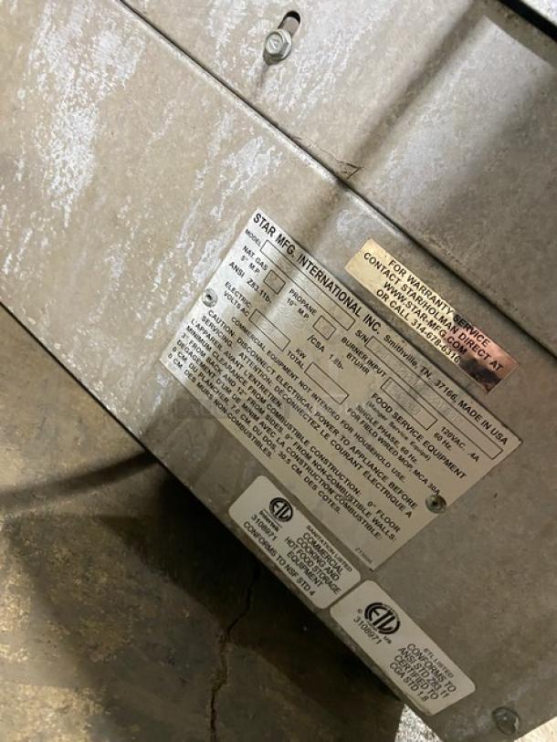 Star Max VBG30 Vertical Gyro Broiler, stainless steel, natural gas, 120V, 1 phase, on legs, model and serial numbers shown.