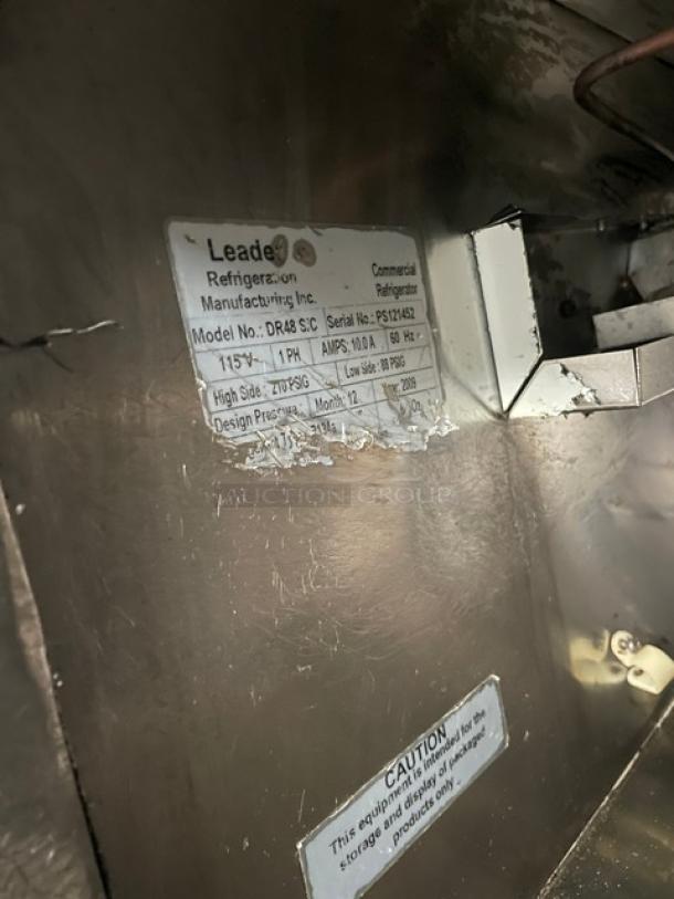 Leader DR48SC Refrigerated Pizza Dough Retarder Table, stainless steel, 2 doors, 115V, 1 Phase, on casters, label visible.