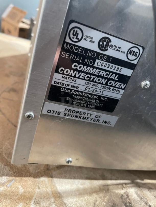 Otis Spunkmeyer OS-1 stainless steel commercial countertop convection oven, 120V, SN C0090295, with 3 trays.