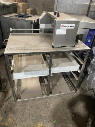 Bongard commercial dough tub storage table with flour duster, 2017 model, late design, serial number 9300000000060457.