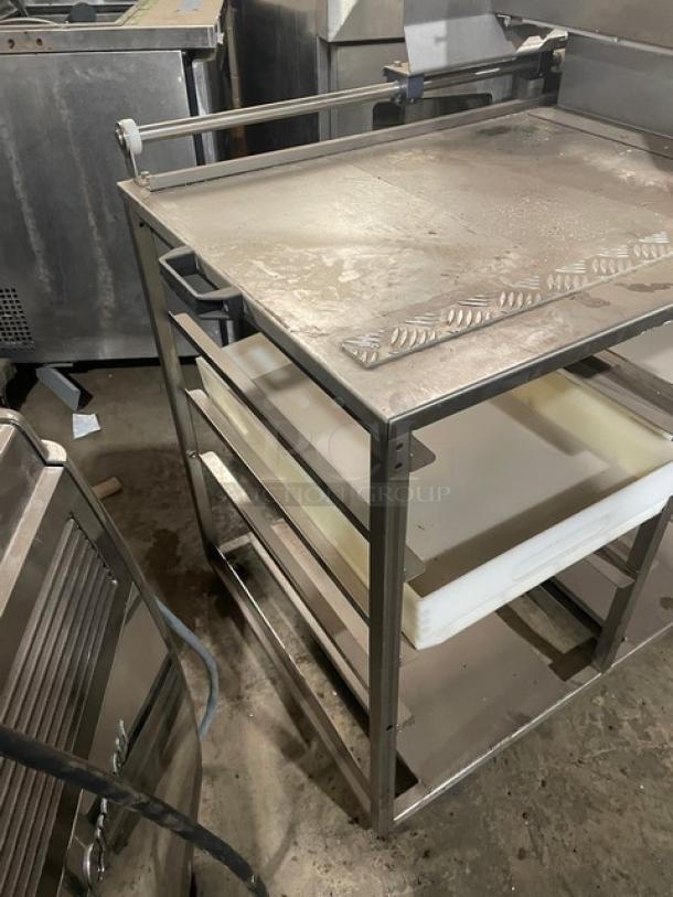 Bongard 2017 commercial dough tub storage table with flour duster, SN 9300000000060457, stainless steel, excellent condition.