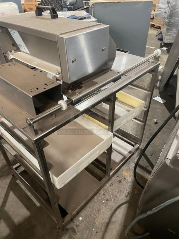 Bongard 2017 commercial dough tub storage table with flour duster, stainless steel frame, two white tubs, SN: 9300000000060457.