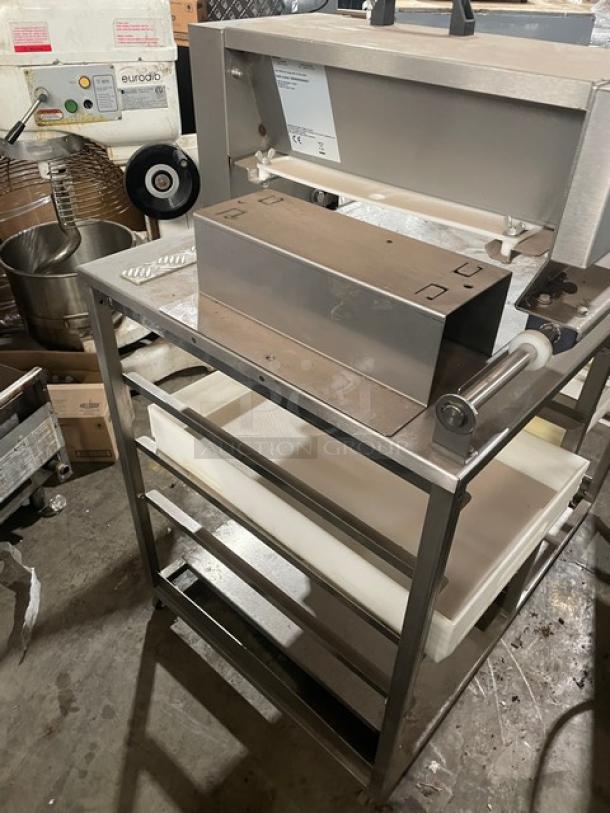 Bongard 2017 commercial dough tub storage table with flour duster, stainless steel, SN: 9300000000060457, excellent condition.