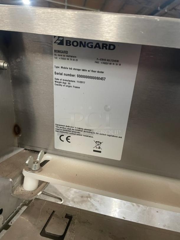 Bongard 2017 commercial dough tub storage table with flour duster. Serial number: 9300000000060457, made in France.