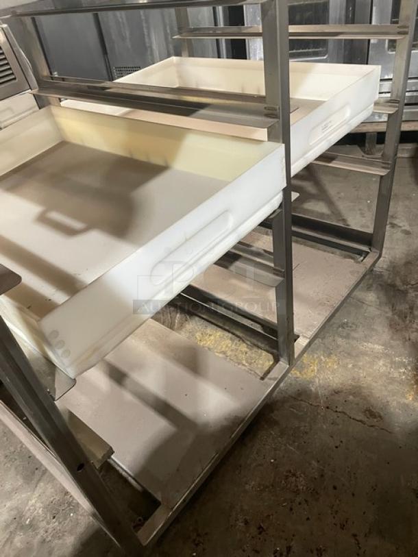 Late model Bongard 2017 commercial dough tub storage table with flour duster, SN: 9300000000060457, in good condition.