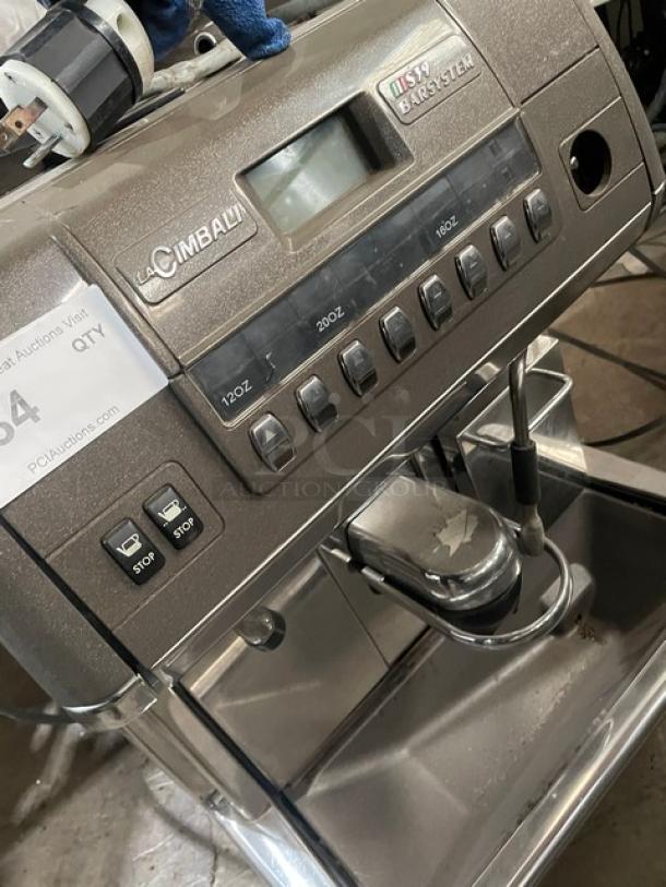 La Cimbali S39-Barsystem commercial espresso machine with stainless steel finish, steam wand, clear polycarbonate hopper, on legs.