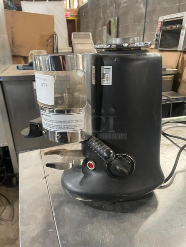 HeyCafe HC600 espresso grinder, stainless steel, electric, countertop, on-demand, 110V, with legs, serial number 0002719.