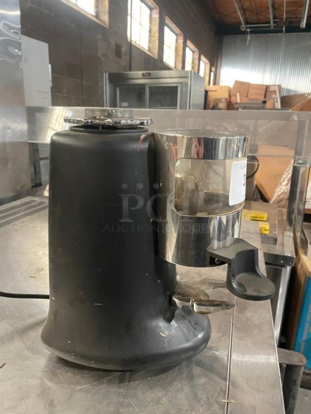 HeyCafe HC600 commercial espresso grinder, stainless steel, electric, on demand, model 0002719, 110V, on legs, used.