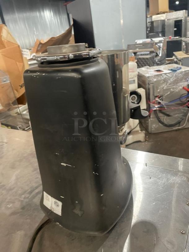 HeyCafe HC600 espresso grinder, stainless steel, electric, 110V, countertop model, on legs, minor wear visible.