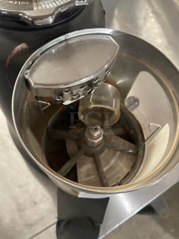 HeyCafe HC600 espresso grinder, stainless steel, electric, countertop model with legs. Serial number 0002719. 110V.