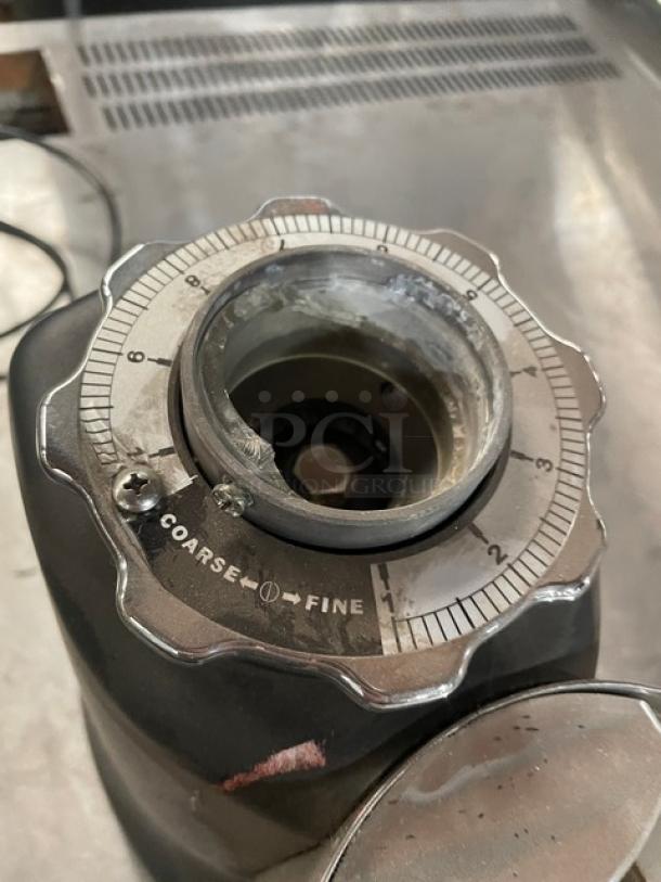 HeyCafe HC600 espresso grinder, stainless steel, electric, countertop, adjustable grind settings, good condition, Model: HC-600.